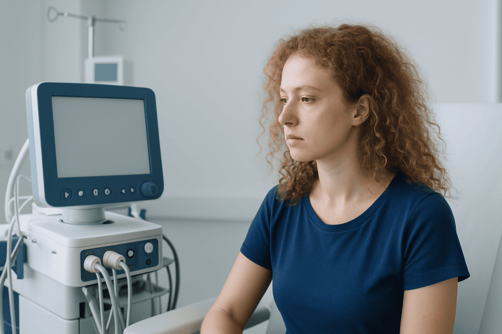 Young woman undergoing a medical examination with a monitor in a clinical setting.