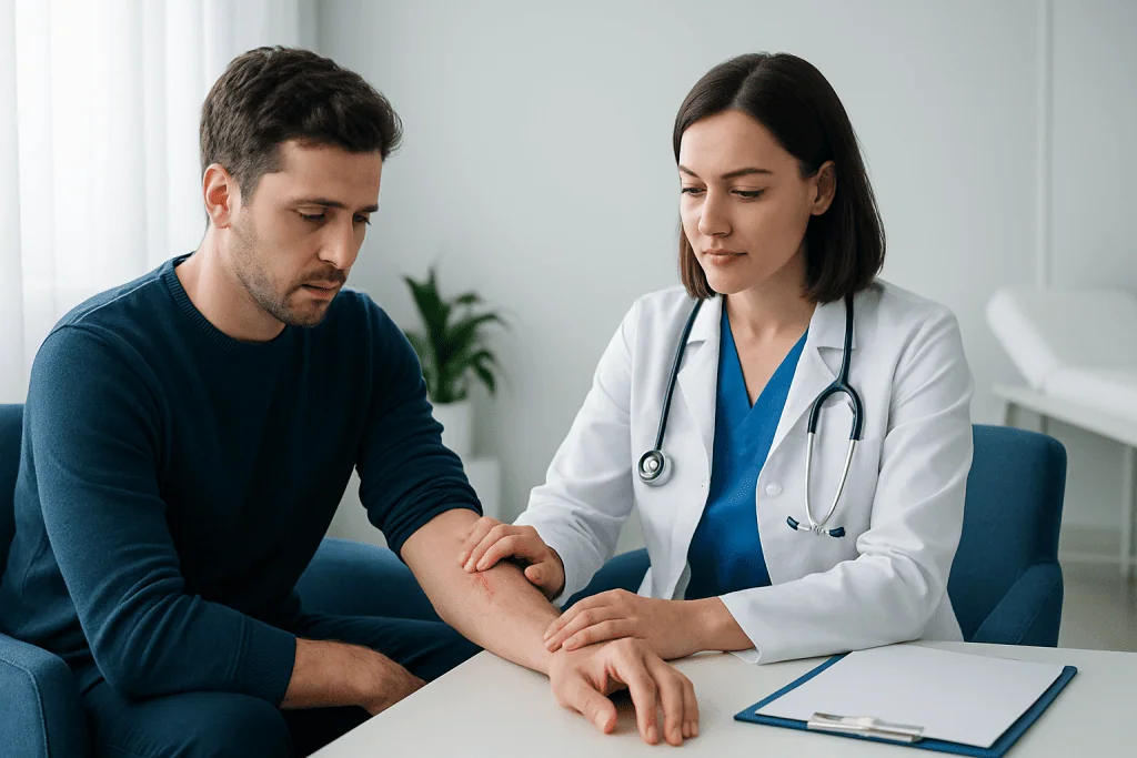 Doctor examining patient's arm in a medical consultation at Acibadem Hospital.