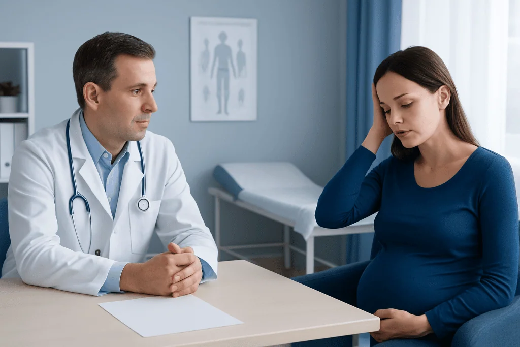 Doctor consulting pregnant woman in a medical office setting.