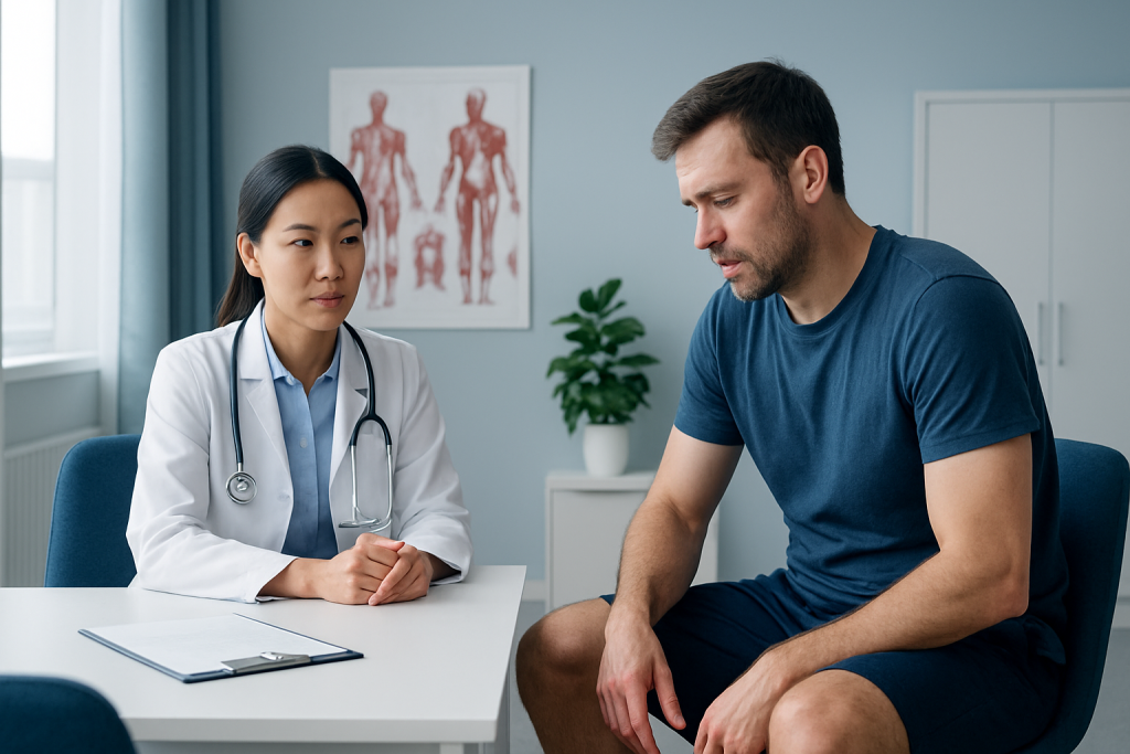 Doctor consulting male patient about muscular endurance at clinic.