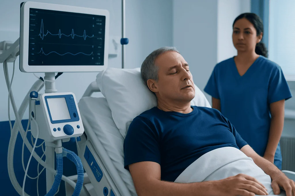 Patient in hospital bed with monitoring equipment and nurse in background.