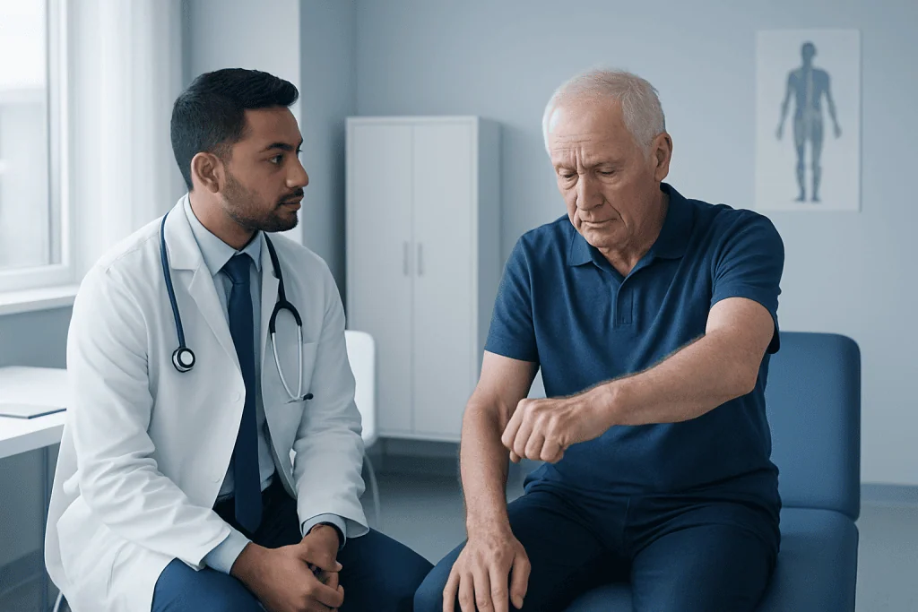 Doctor consulting elderly patient about arm pain in clinic.