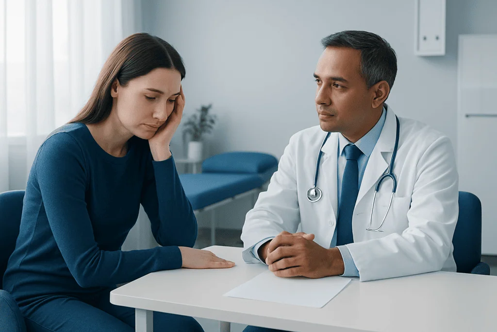Doctor consulting with a young woman patient in a medical office.