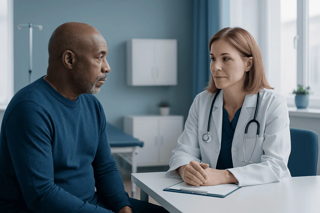Doctor consulting with a patient in a hospital room.