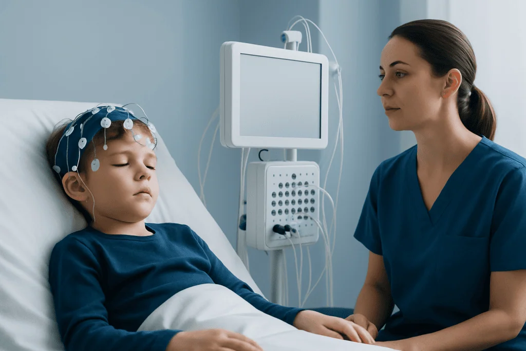 Child undergoing sleep study with medical staff in hospital.