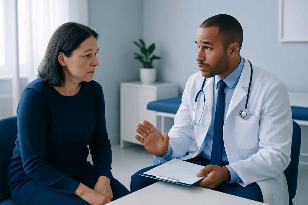 Doctor consulting with a female patient in a medical office setting.