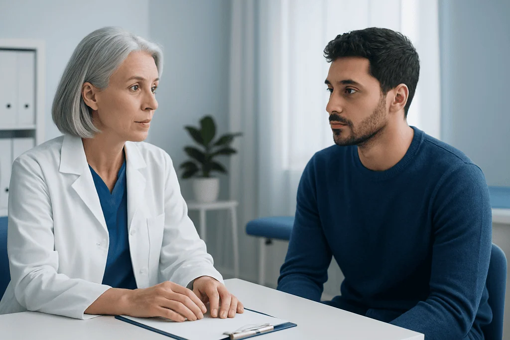 Doctor consulting with a young male patient in a medical office.