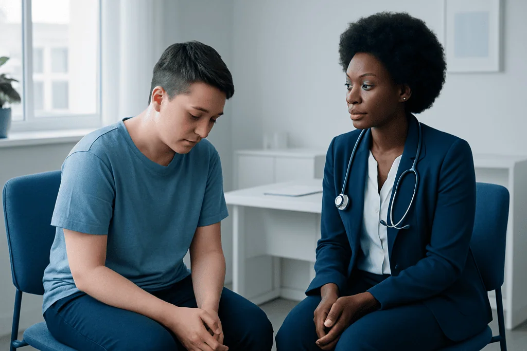 Young patient talking to a doctor in a medical consultation room.