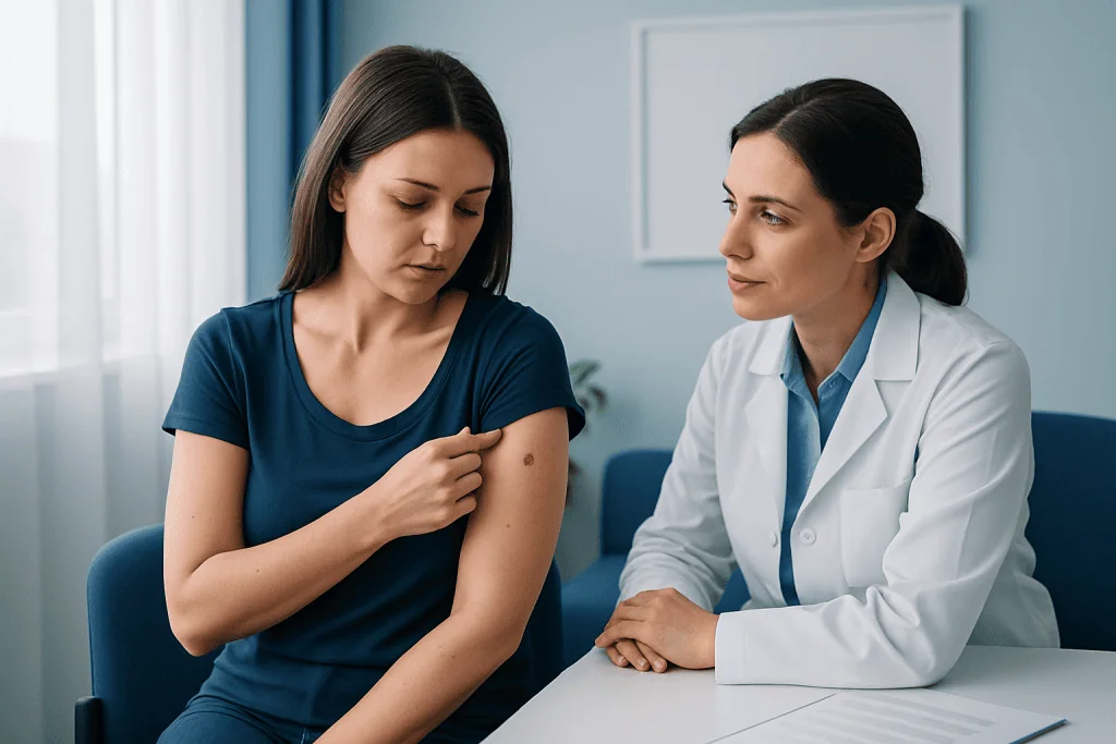 Doctor examining a patient's skin for nevus or skin lesion.