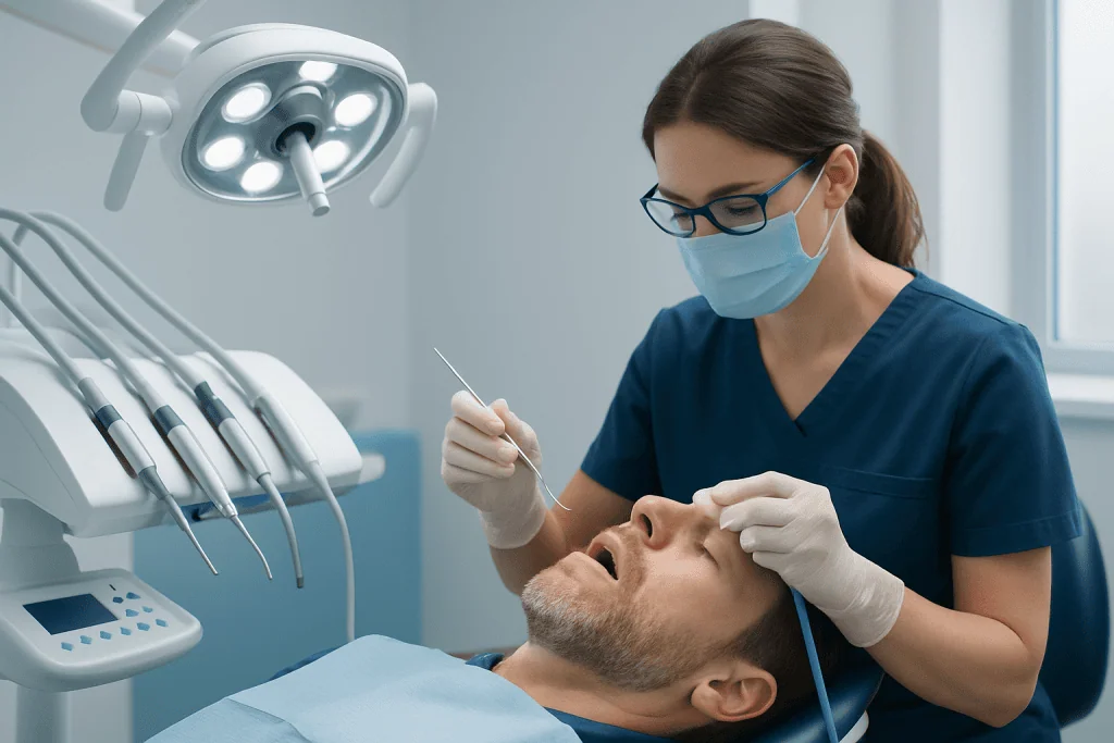 Dentist performing a gum graft procedure on a patient in a clinical setting.