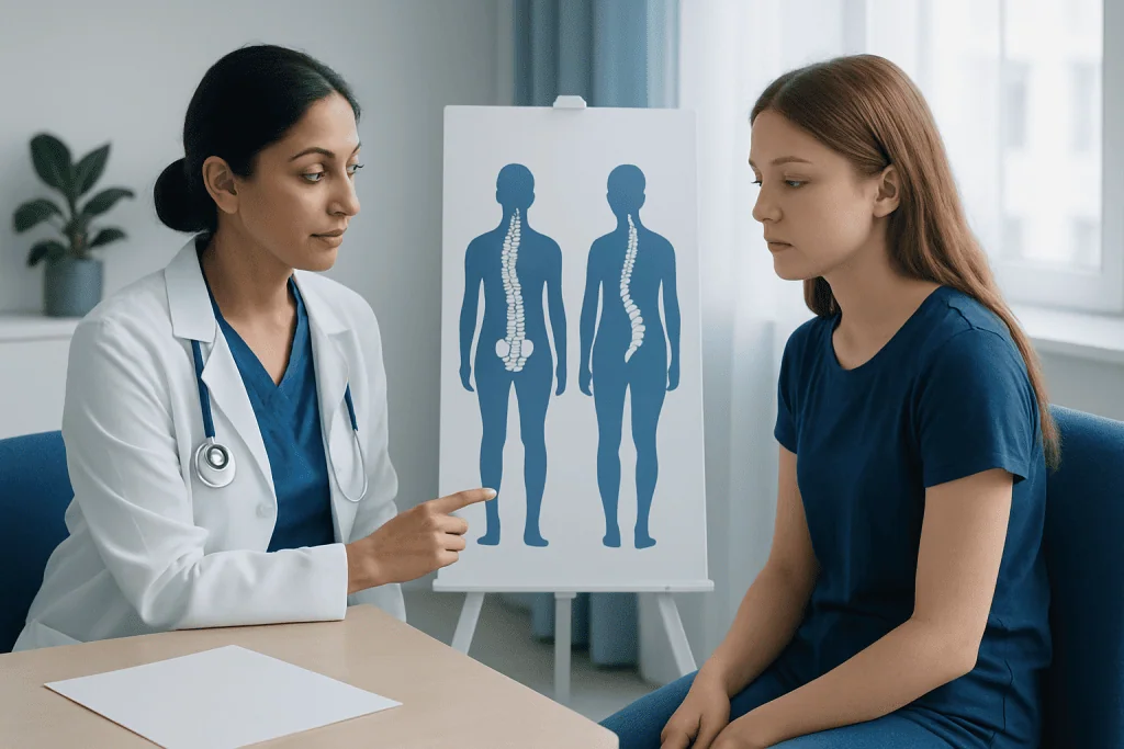 Doctor explaining scoliosis to a patient with spinal diagrams in the background.