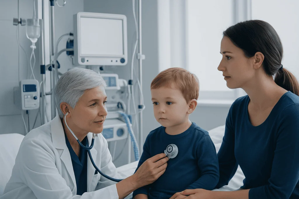 Pediatric doctor examining a young boy in a hospital setting.
