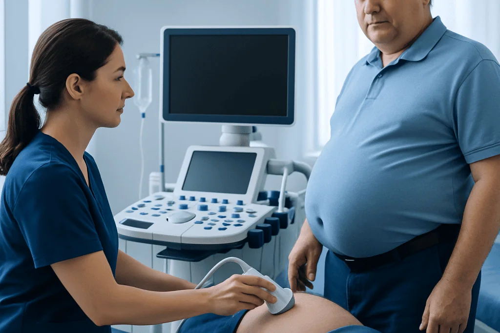 Doctor performing an abdominal ultrasound on a male patient in a medical clinic.