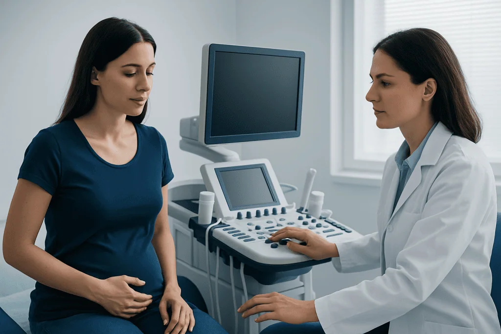 Doctor explaining ultrasound results to a pregnant woman in a medical clinic.