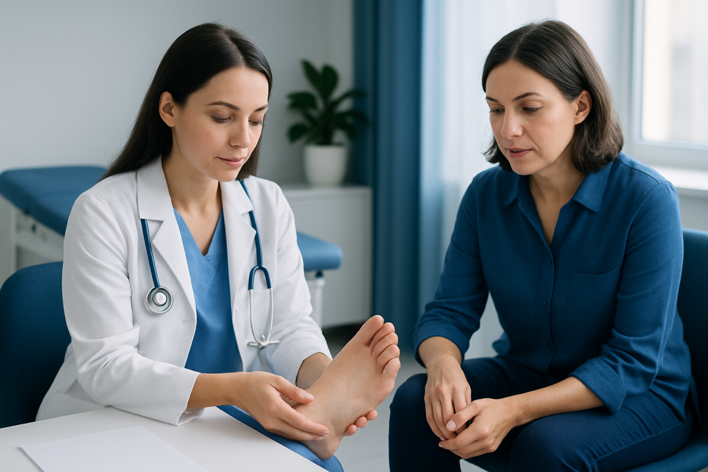 Doctor examining a patient's foot in a clinical setting.