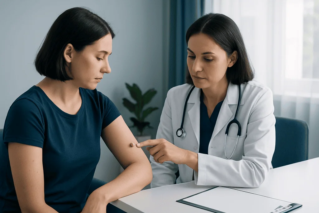 Doctor examining a patient's mole during a consultation at Acibadem Hospital.