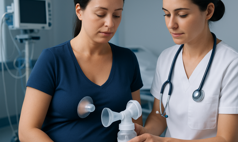 Medical professionals demonstrate a nipple shield device in a clinical setting.