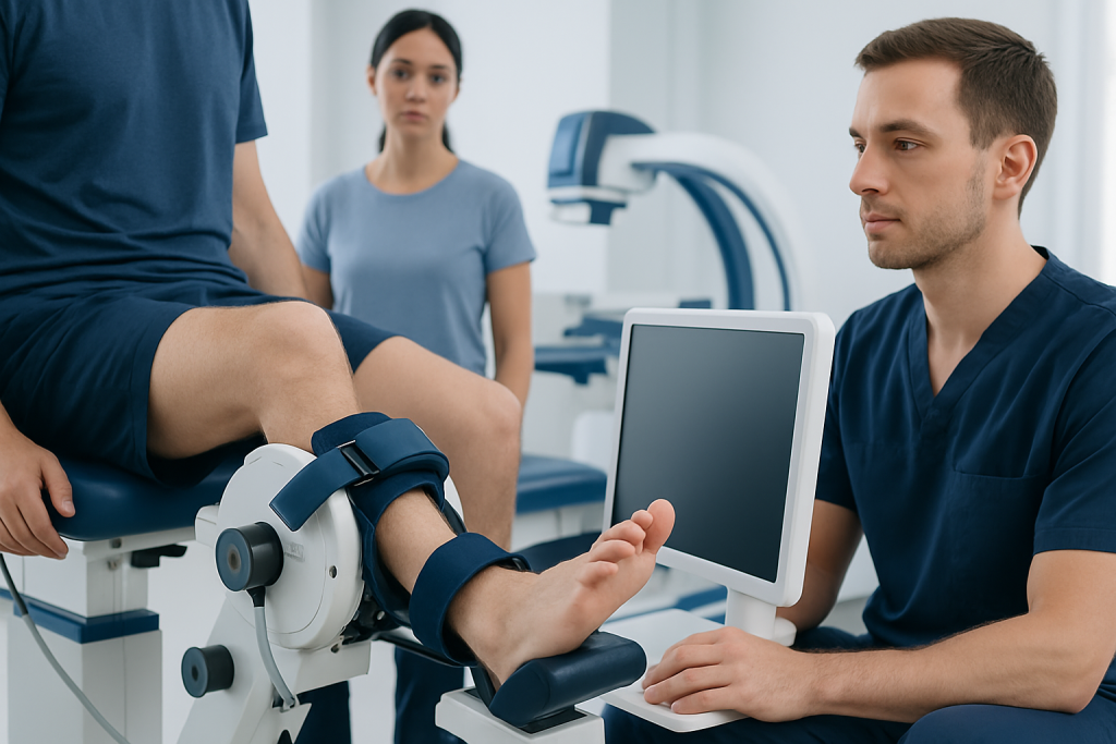 Medical professional assesses ankle strength with advanced equipment at Acibadem Hospital.