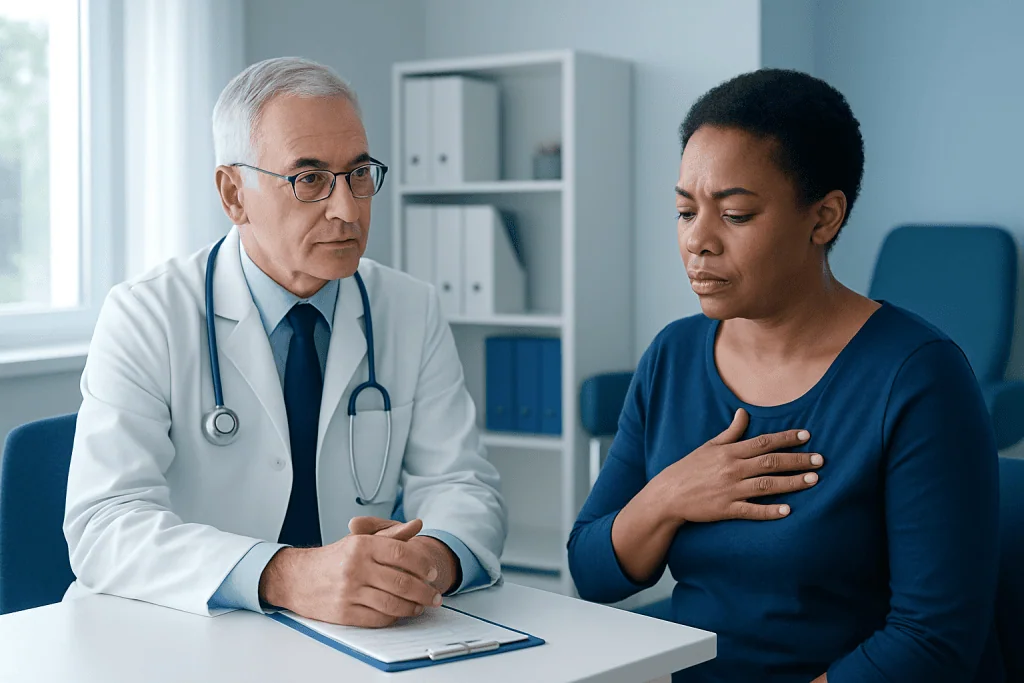 Doctor consulting with a patient about chest discomfort in a medical office.