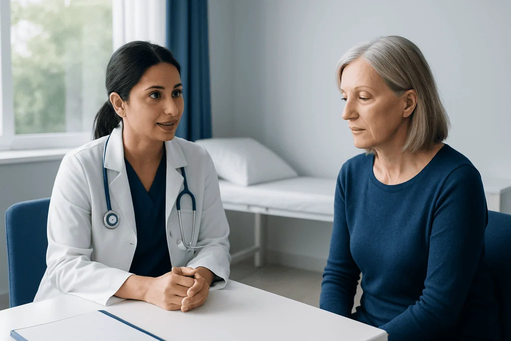 Doctor consulting with an elderly female patient in a medical office.