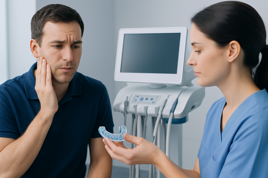 Patient consulting with dentist about bruxism and mouthguard options.