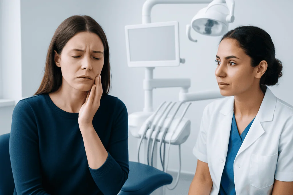 Woman with tooth pain consulting a dentist in a clinical setting.
