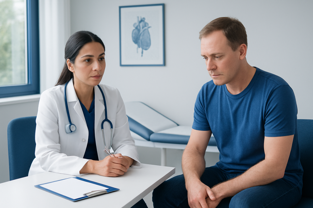 Doctor consulting with male patient in a medical office setting.