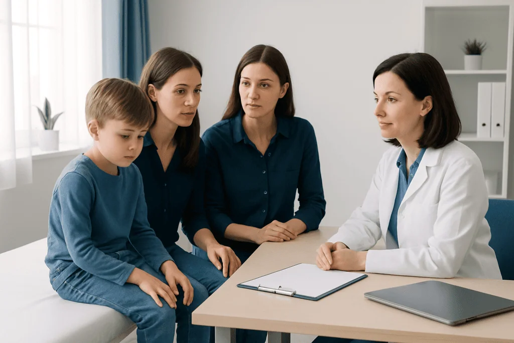 Pediatric consultation with a doctor and mother discussing child's health.