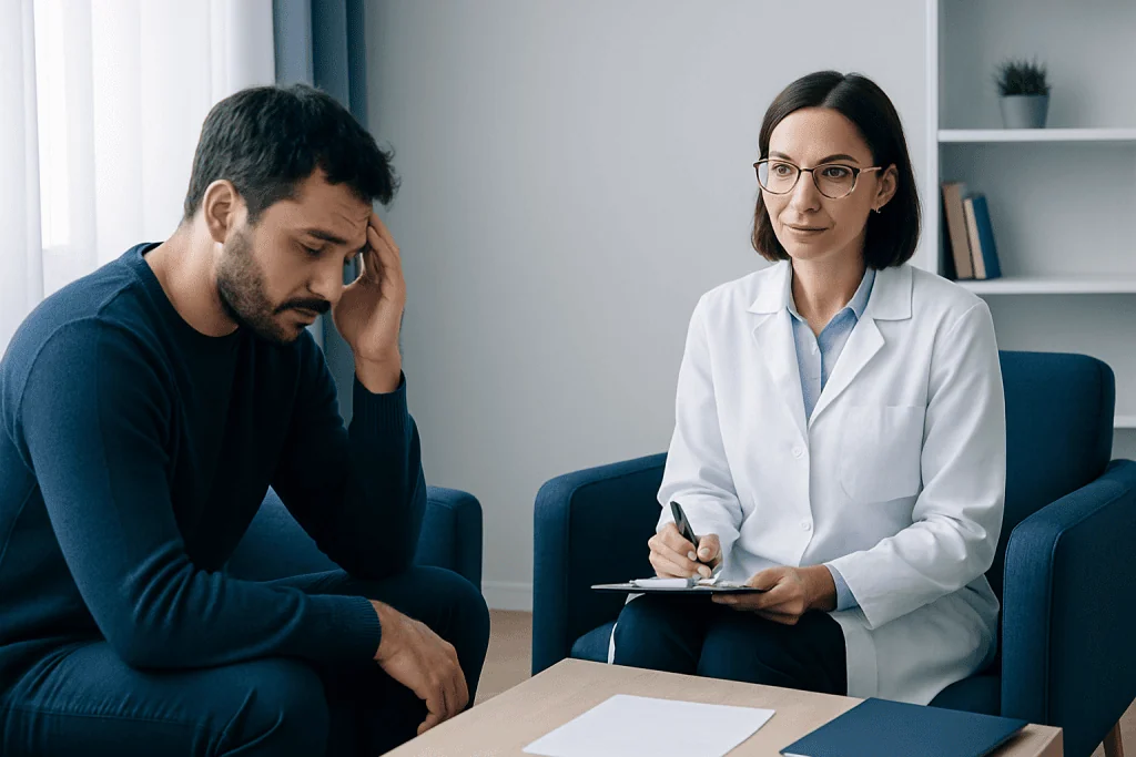 Psychiatrist consulting with a patient in a therapy session at Acibadem Hospitals.