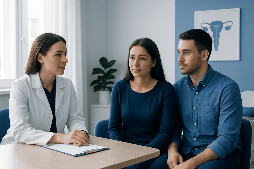 Fertility consultation with a doctor and couple at clinic.
