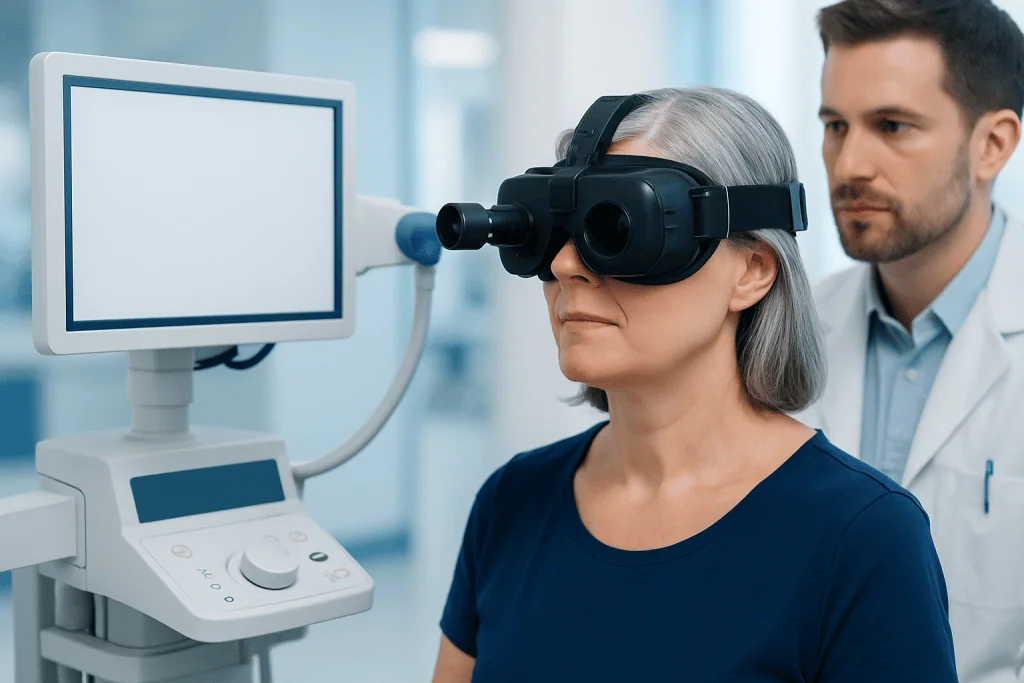Senior woman undergoing neuro-otology exam with specialist using eye-tracking device.