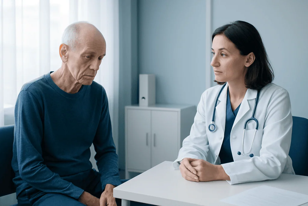 Doctor consulting with elderly patient in a medical office.