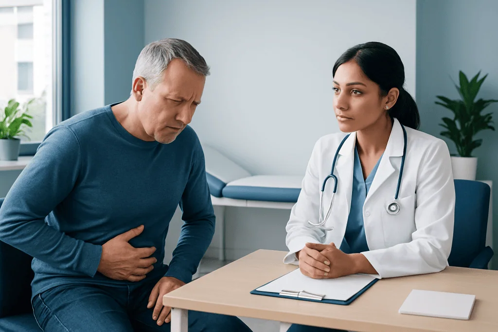 Doctor consulting with a male patient experiencing stomach pain.