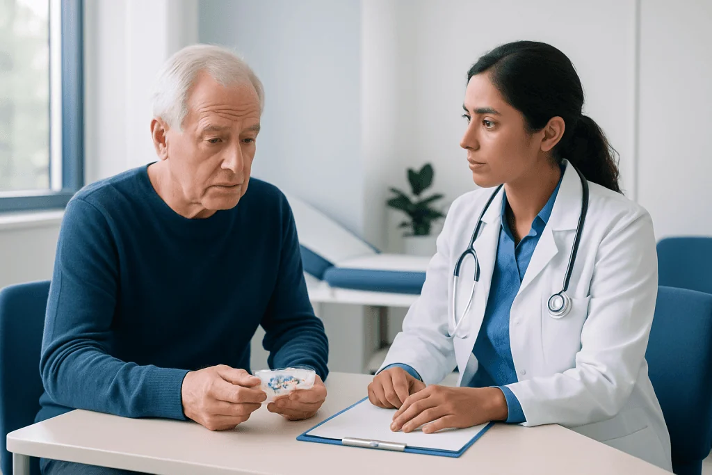 Doctor consulting with elderly patient about medication safety in clinic.