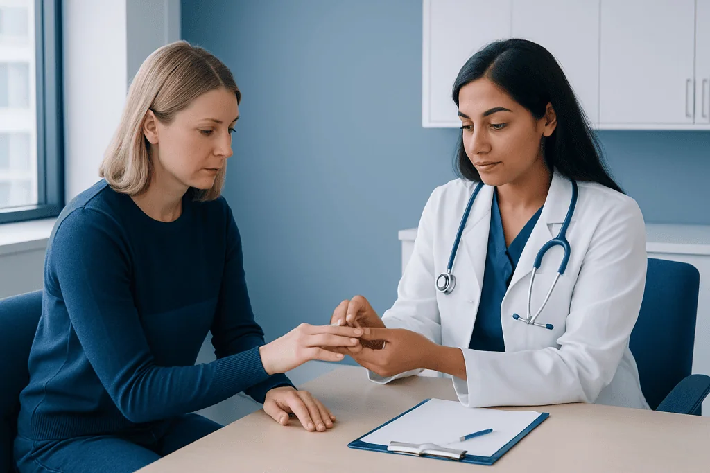 Doctor examining a patient's hand in a medical consultation room.