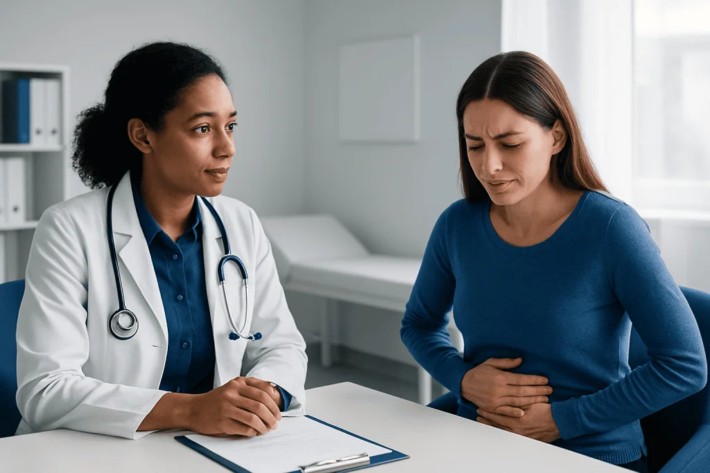 Doctor consulting a patient with stomach pain in a medical office.