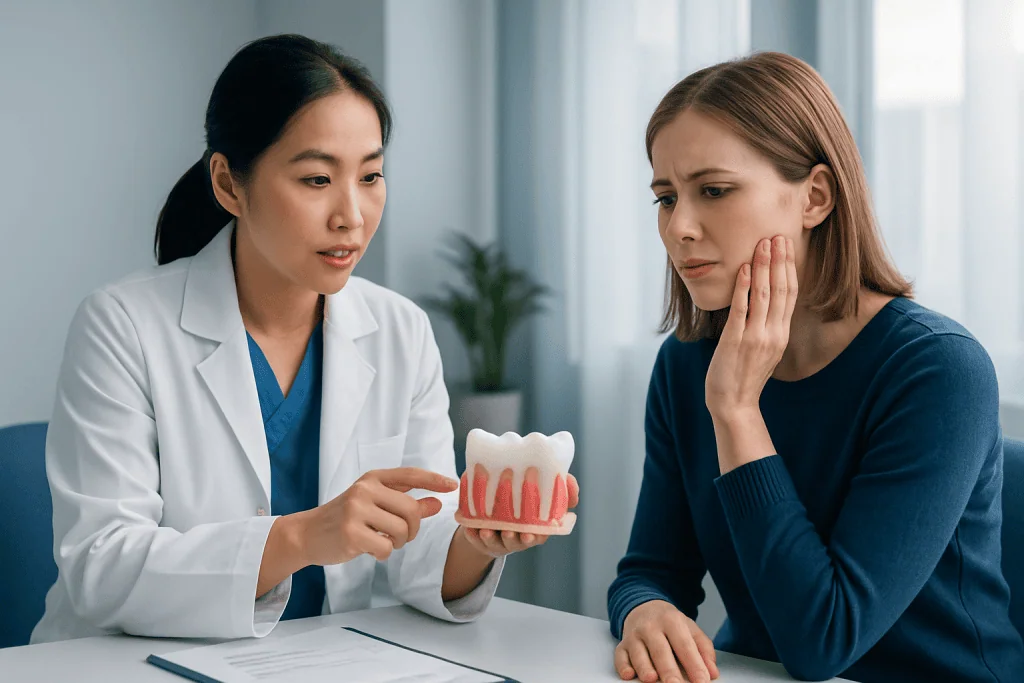 Dentist explaining dental plaque to patient with model teeth.