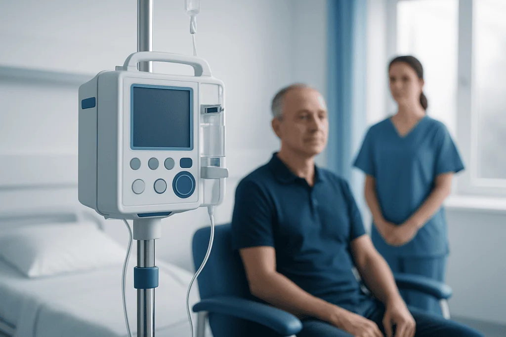 Patient in hospital room with medical monitor and healthcare professional nearby.