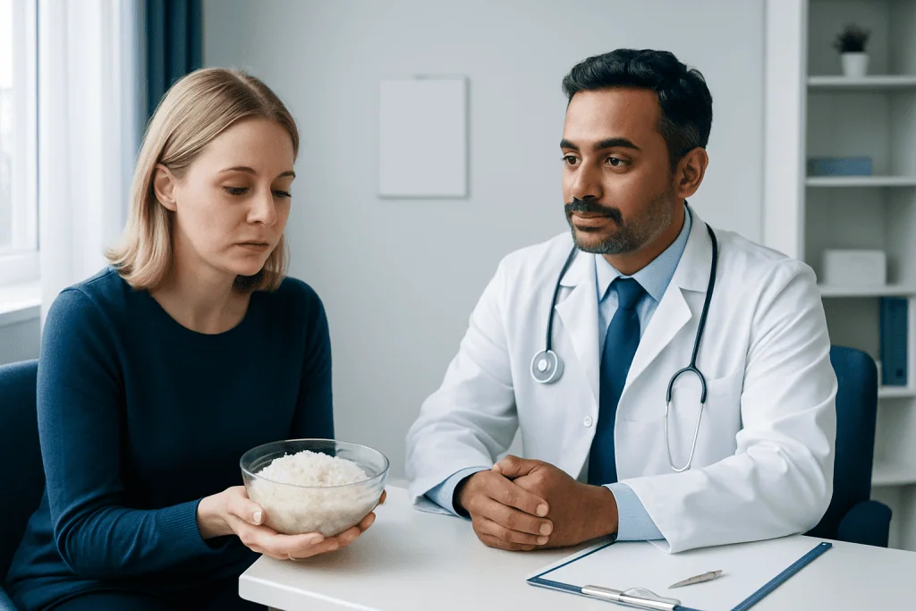 Doctor consulting with a woman about rice storage and safety.