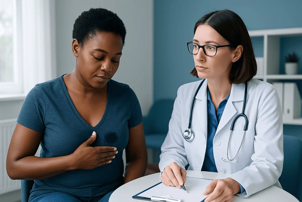 Doctor examining a woman with breast concern in a clinic setting.
