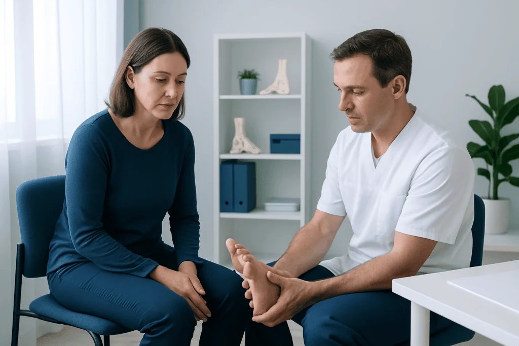 Podiatrist examining a patient's foot during consultation at a medical clinic.