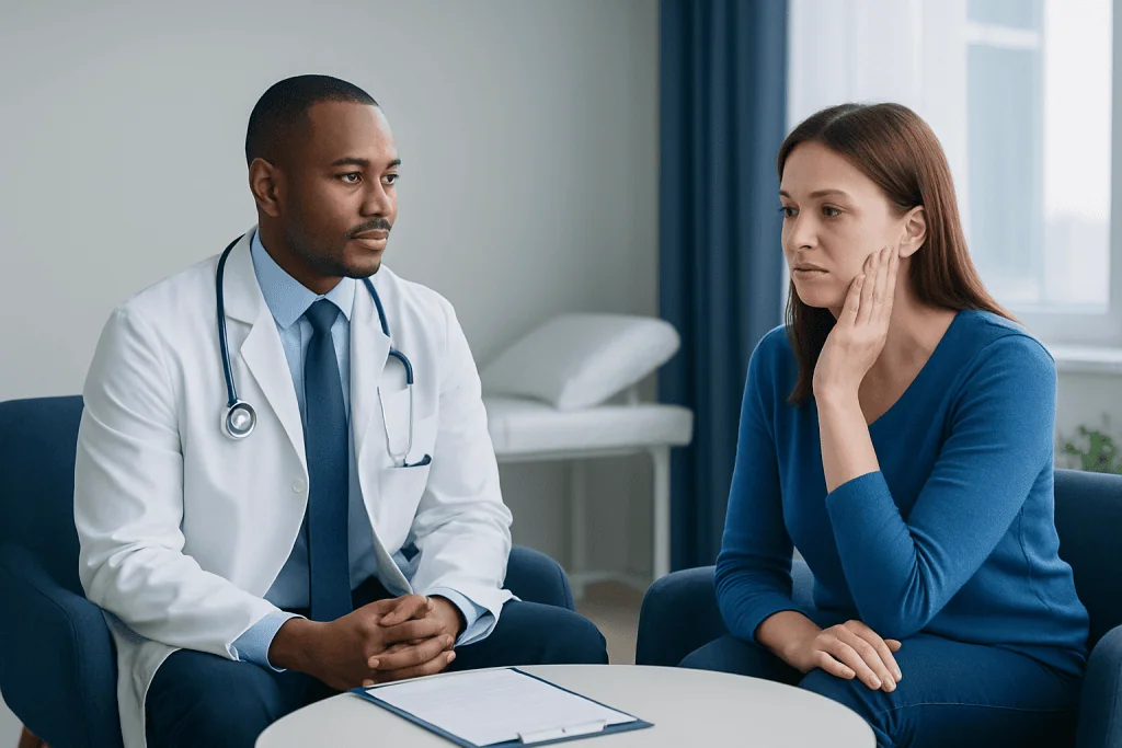 Doctor consulting with a patient about abscess and cyst differences.