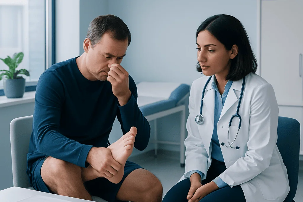 Doctor examining a patient's foot in a medical consultation room.