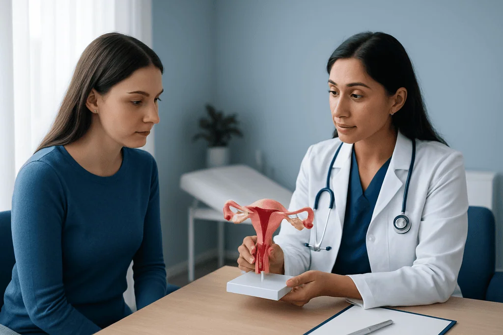 Doctor explaining ovarian anatomy to patient with a model in a clinic.