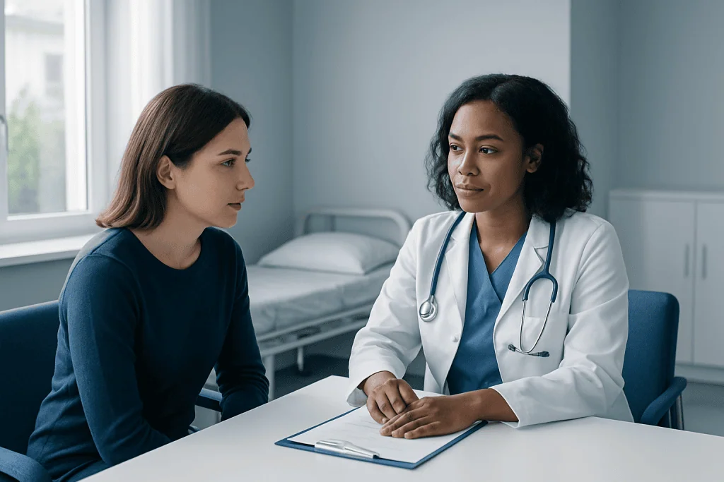 Doctor consulting with a patient in a hospital room at Acibadem Hospitals Group.