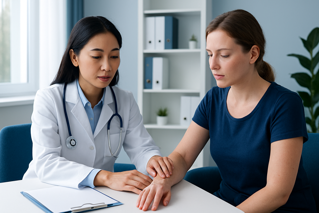 Doctor examining patient's skin in a clinical consultation setting.