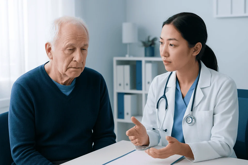 Doctor explaining deep brain stimulation to an elderly patient in a clinic.