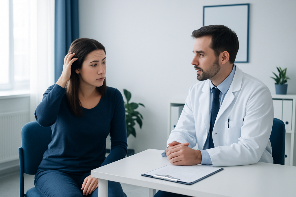Doctor consulting with a woman patient in a medical office.