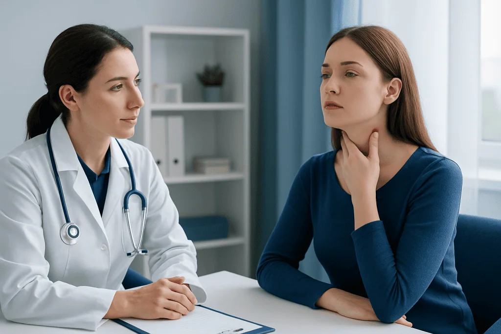 Doctor consulting with a patient about thyroid health in a medical office.