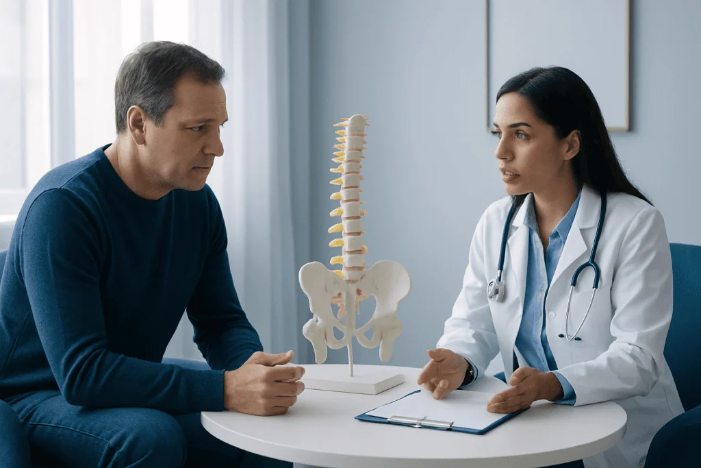 Doctor explaining spine anatomy to patient during consultation at Acibadem Hospital.